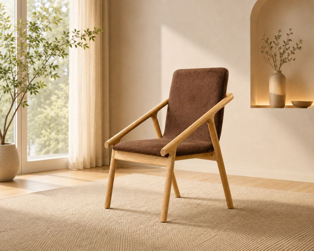 Arlo lounge chair in brown, shown in a styled room