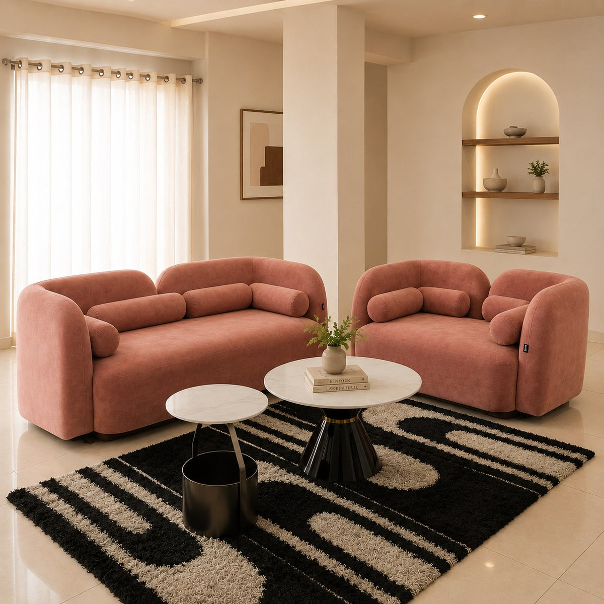 Vienna sofa in dusty rose, shown in a styled room