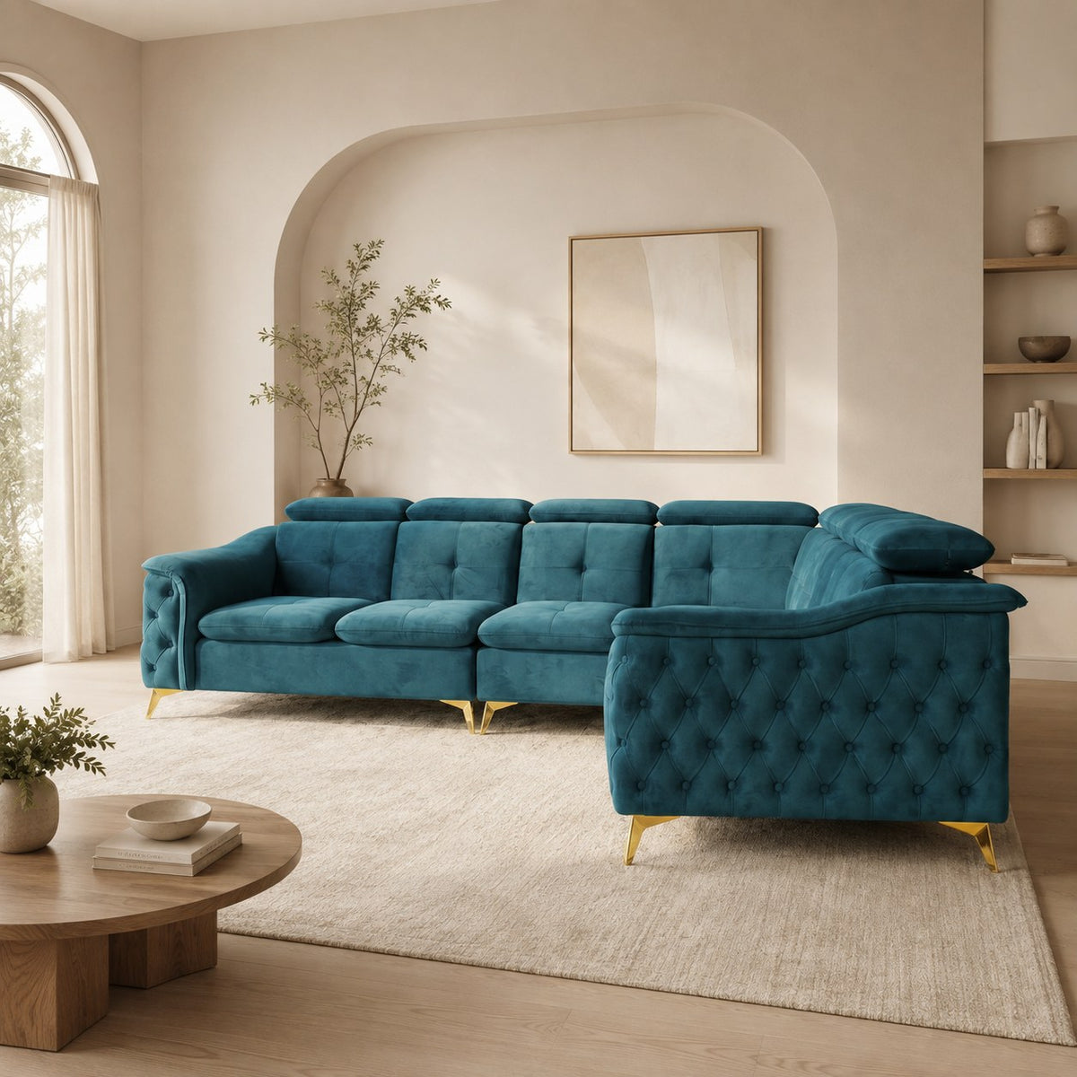 Imperia sofa in deep teal, shown in a styled room