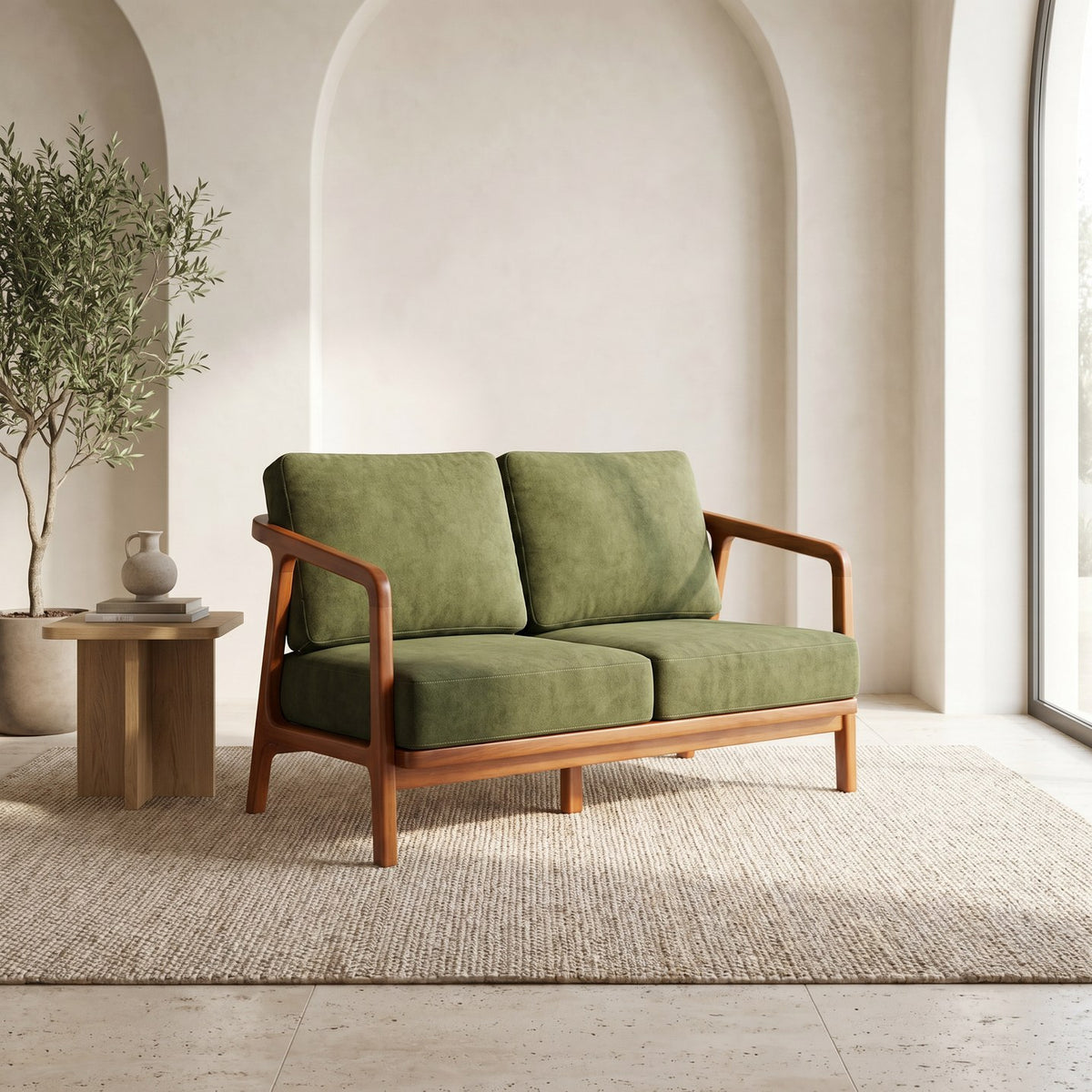 Kyoto sofa in olive green, shown in a styled room