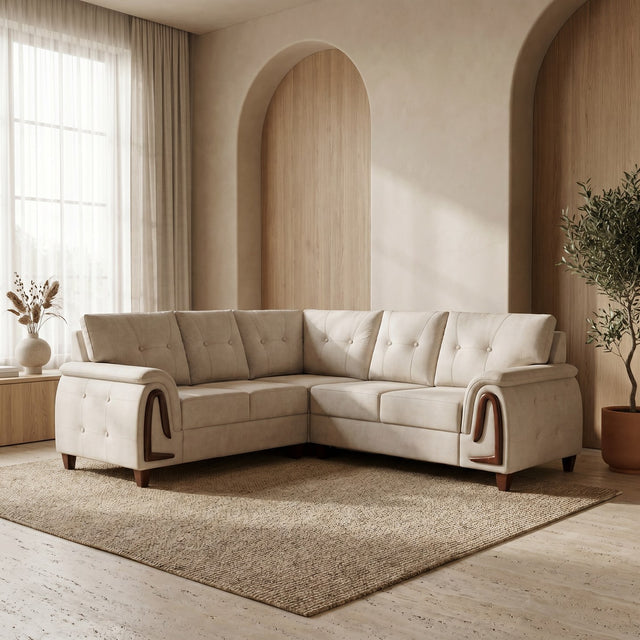 Maris sofa in warm beige, shown in a styled room