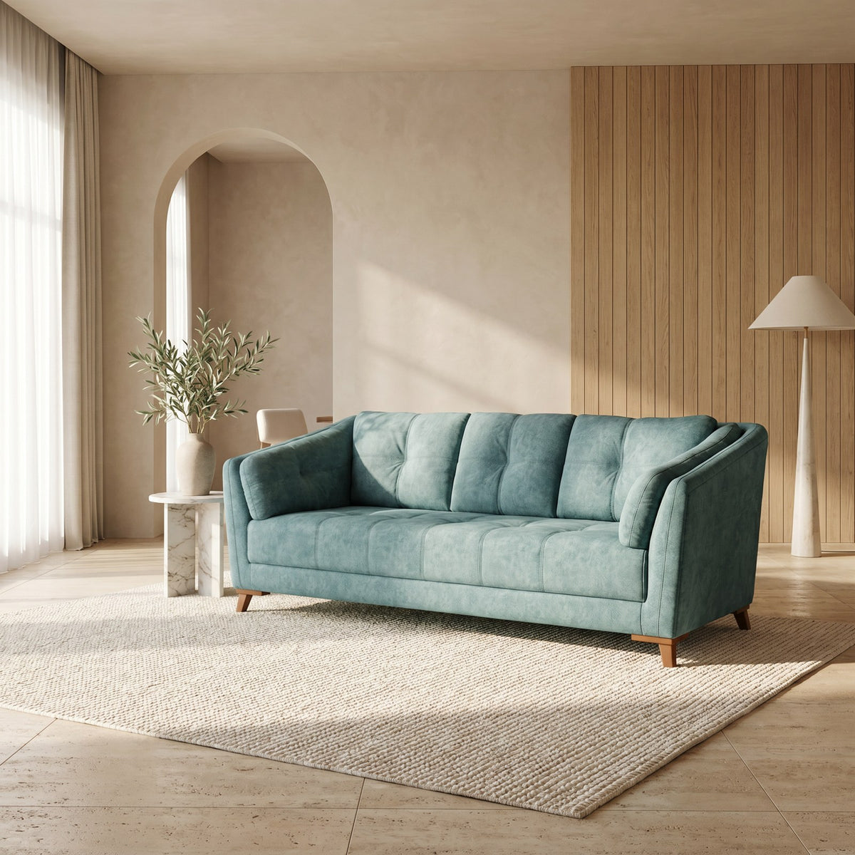 Celadon sofa in muted teal, shown in a styled room