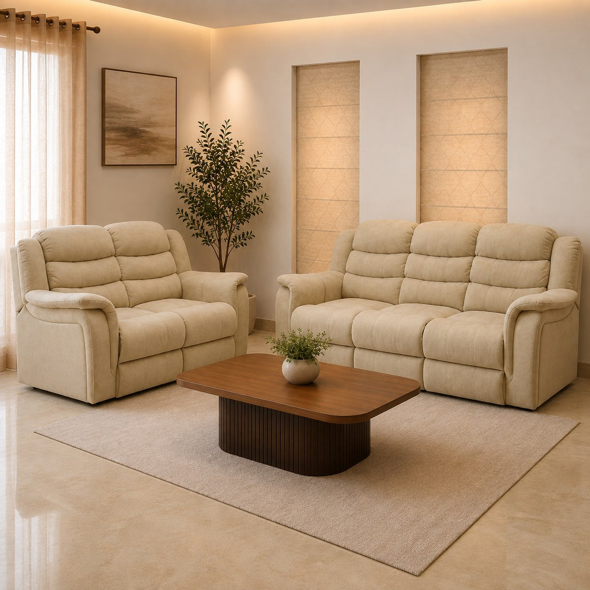 Monaco sofa in soft beige, shown in a styled room