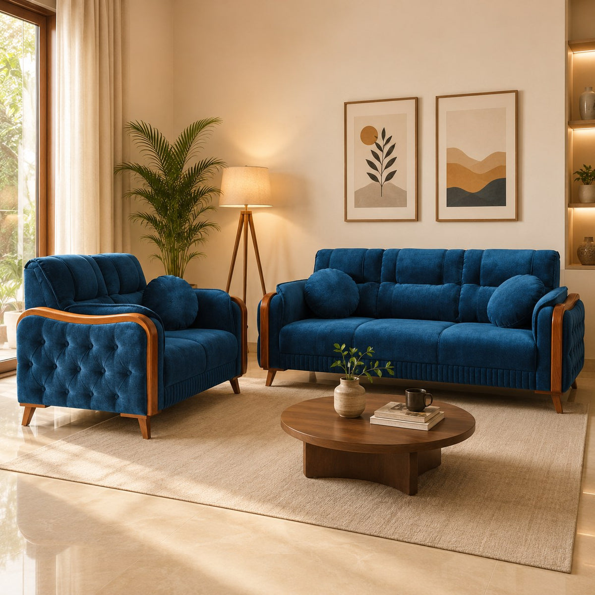 Torino sofa in royal blue, shown in a styled room