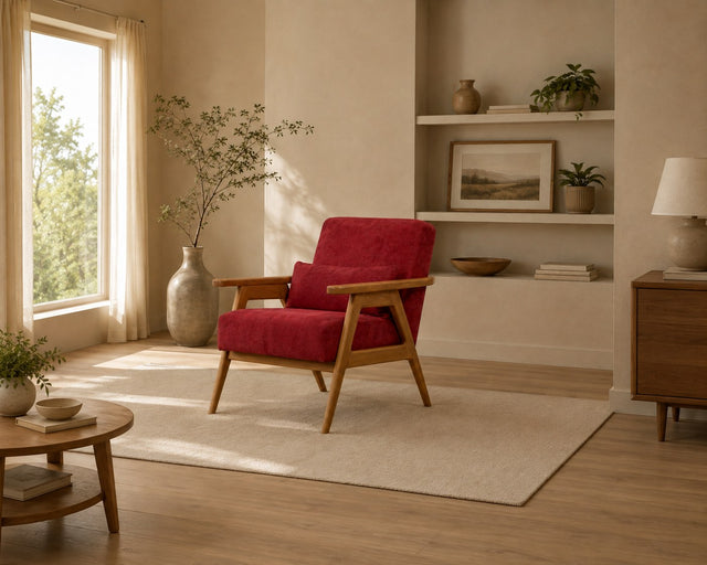 Carmine lounge chair in red, shown in a styled room