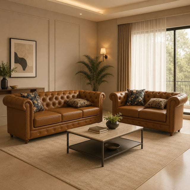 Chester sofa in tan, shown in a styled room
