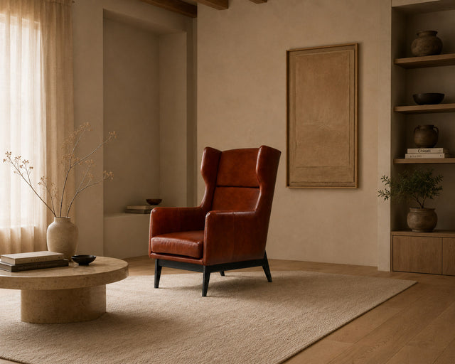 Sterling lounge chair in cognac, shown in a styled room