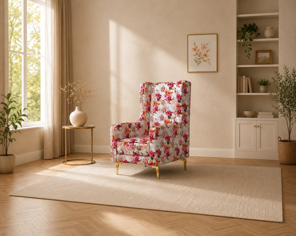 Rosalie accent chair in floral, shown in a styled room