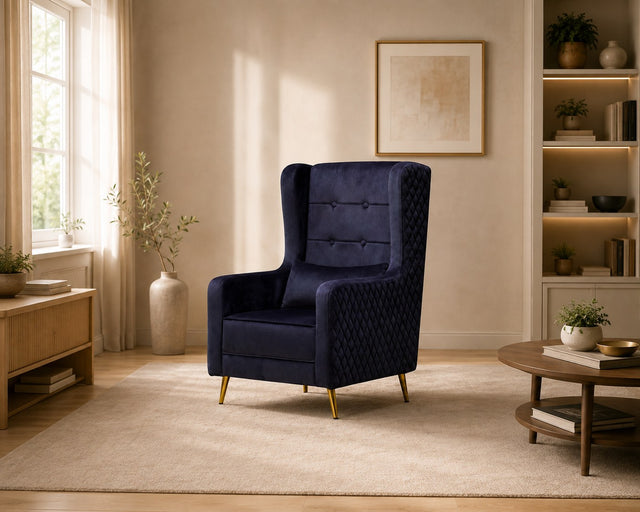 Midnight accent chair in midnight navy, shown in a styled room