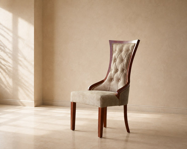 Royale accent chair in taupe, shown in a styled room