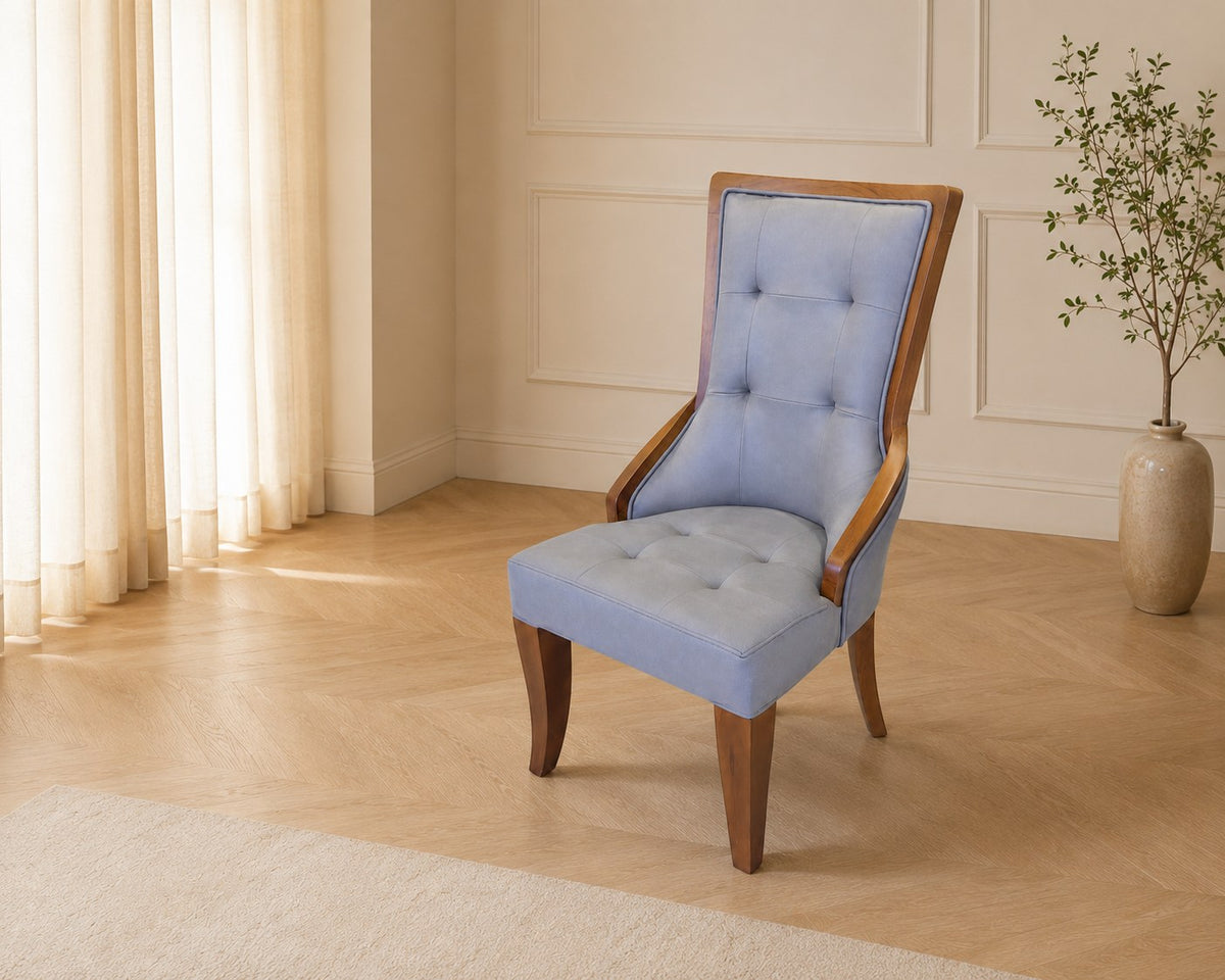 Bellagio accent chair in powder blue, shown in a styled room