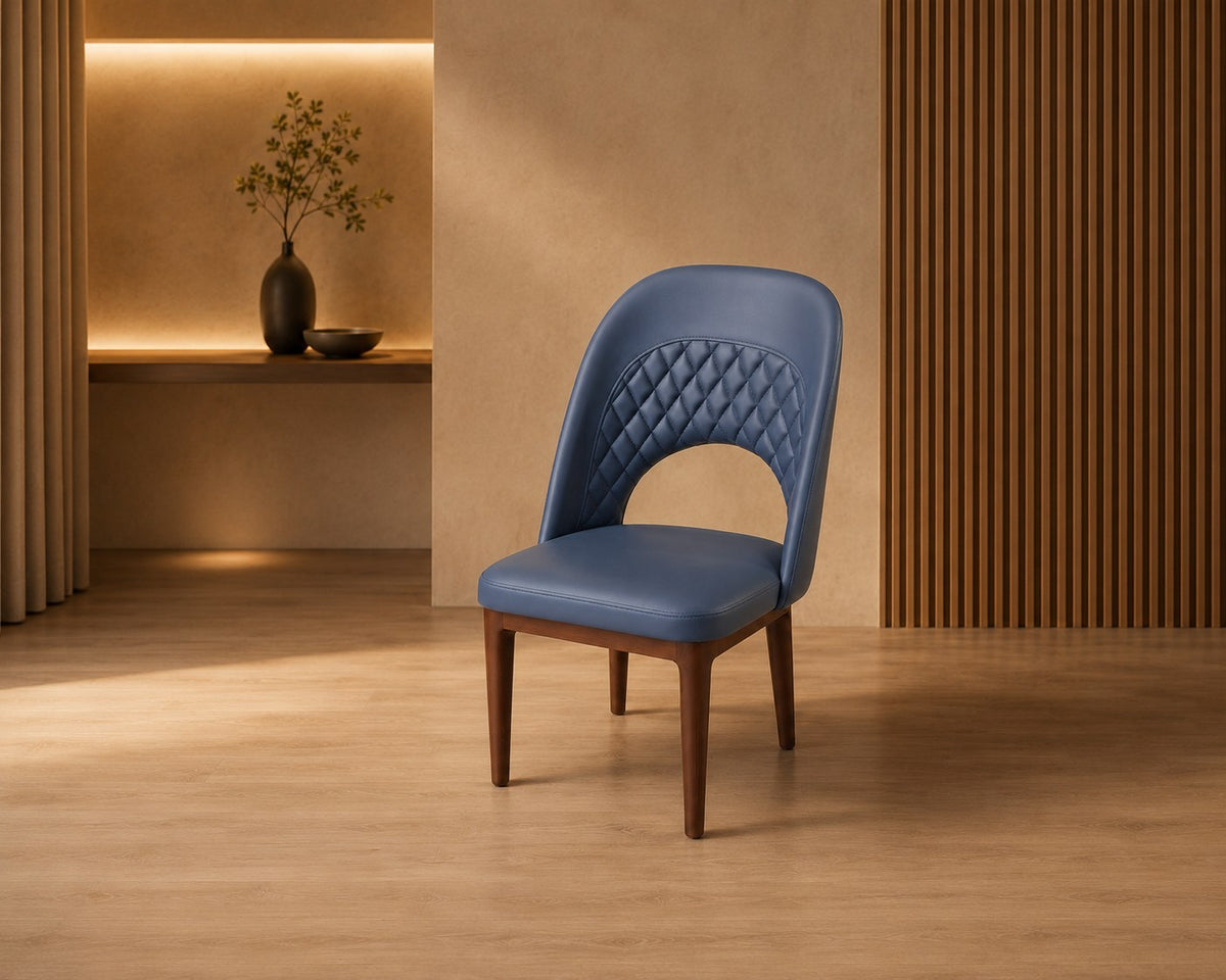 Indigo dining chair in blue, shown in a styled room